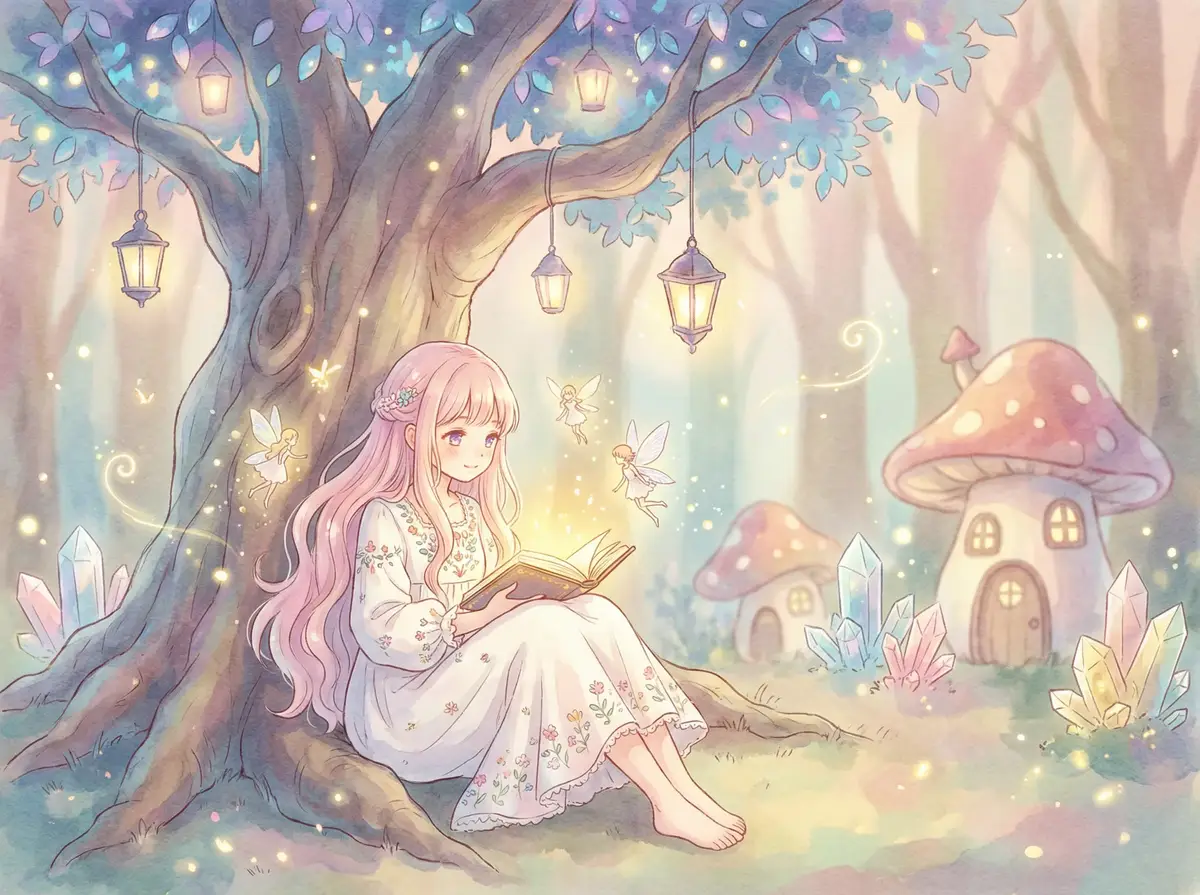 辣文小说 - 魔法森林中阅读故事书的粉发少女与精灵